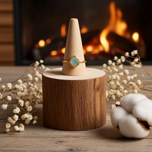 Natural Aquamarine Ring| Handmade Gold Plated Raw Gemstone Jewelry for March