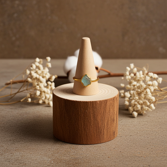 Natural Aquamarine Ring| Handmade Gold Plated Raw Gemstone Jewelry for March