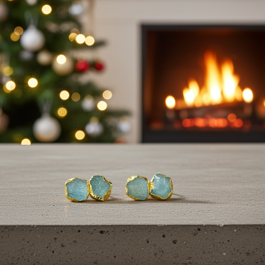 Raw Aquamarine Electroplated Stud Earrings