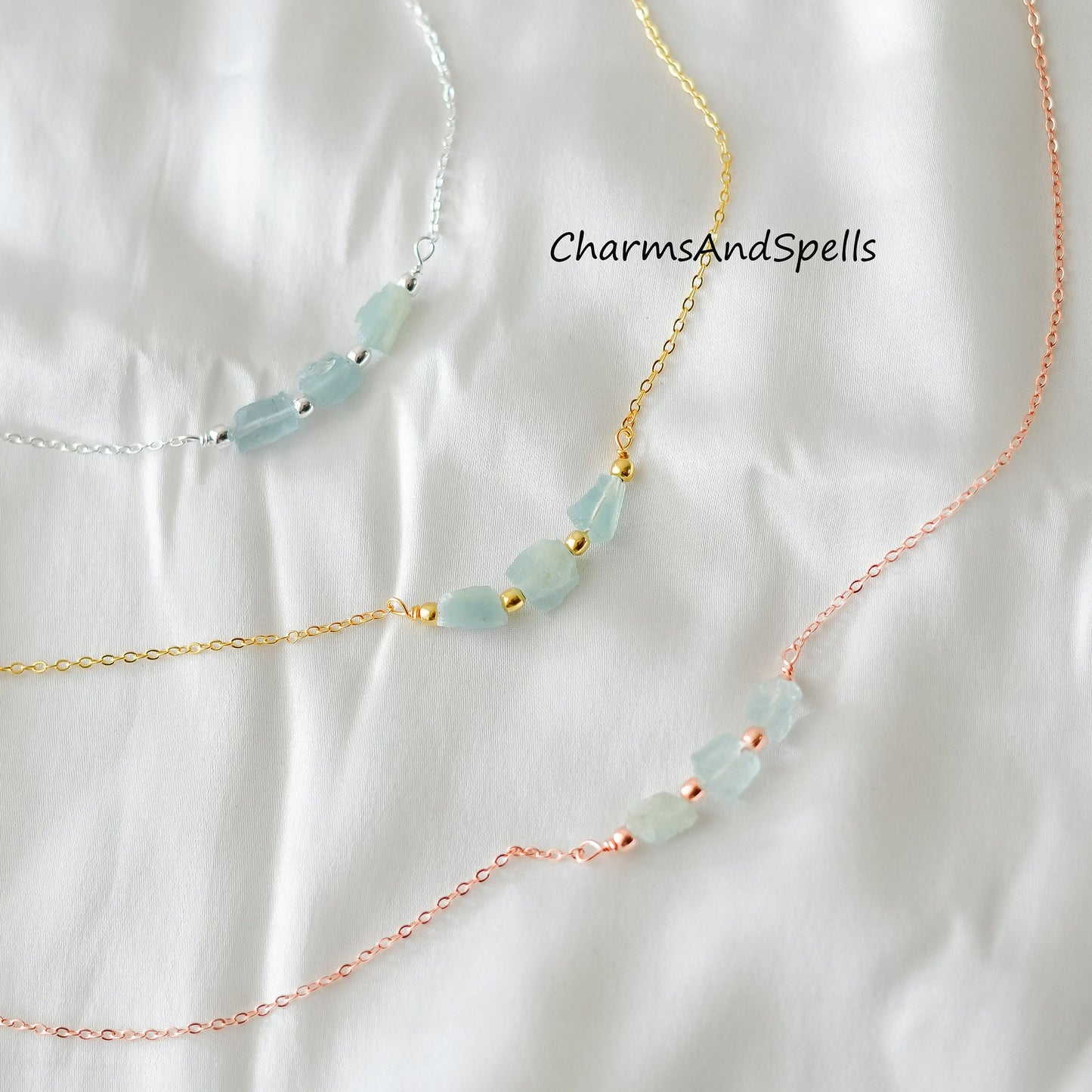 Natural Raw Aquamarine Electroplated Necklace, March Birthstone