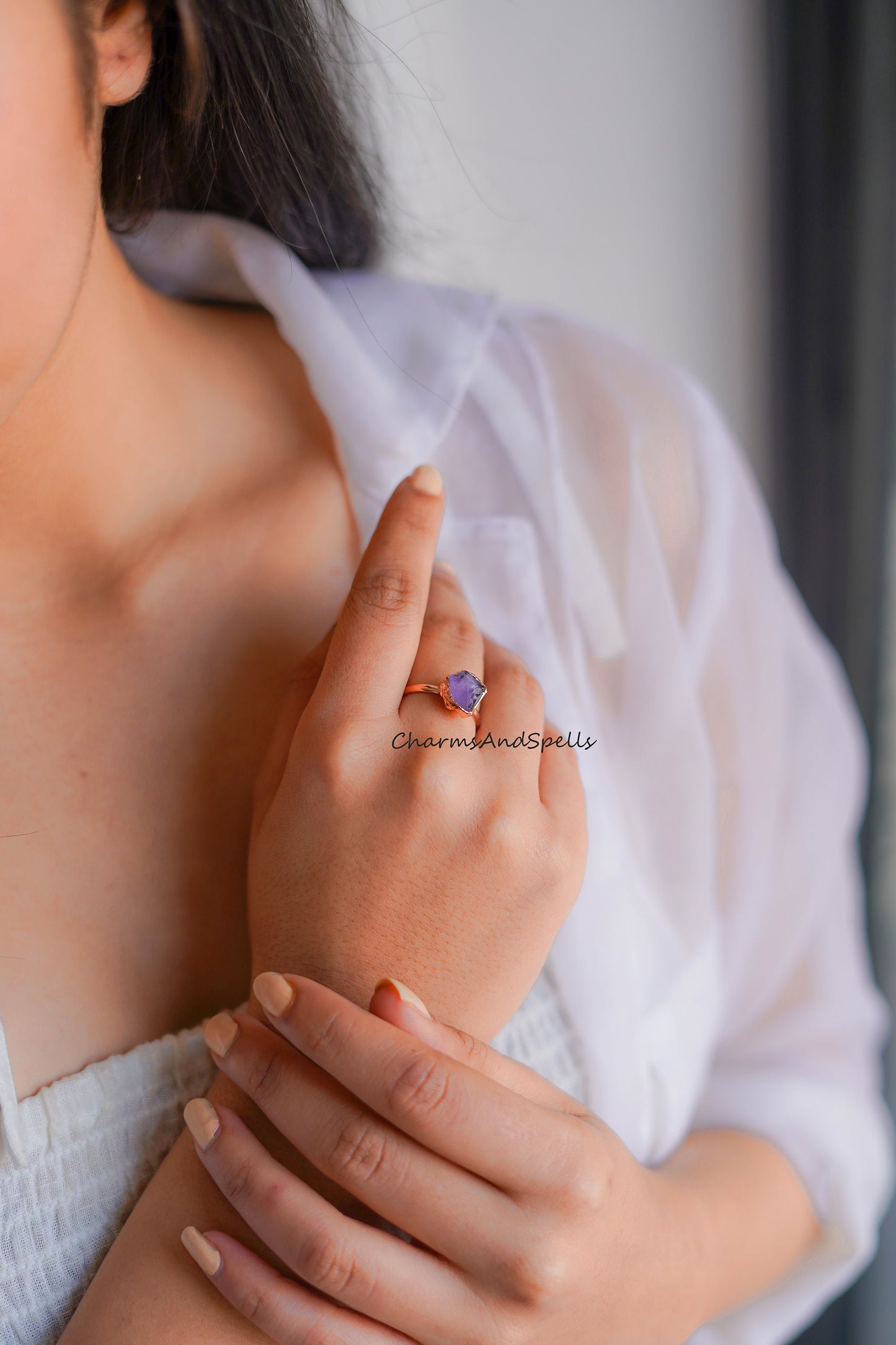 Rough Amethyst Ring| Crystal Adjustable Ring| Electroplated Boho Ring for Women