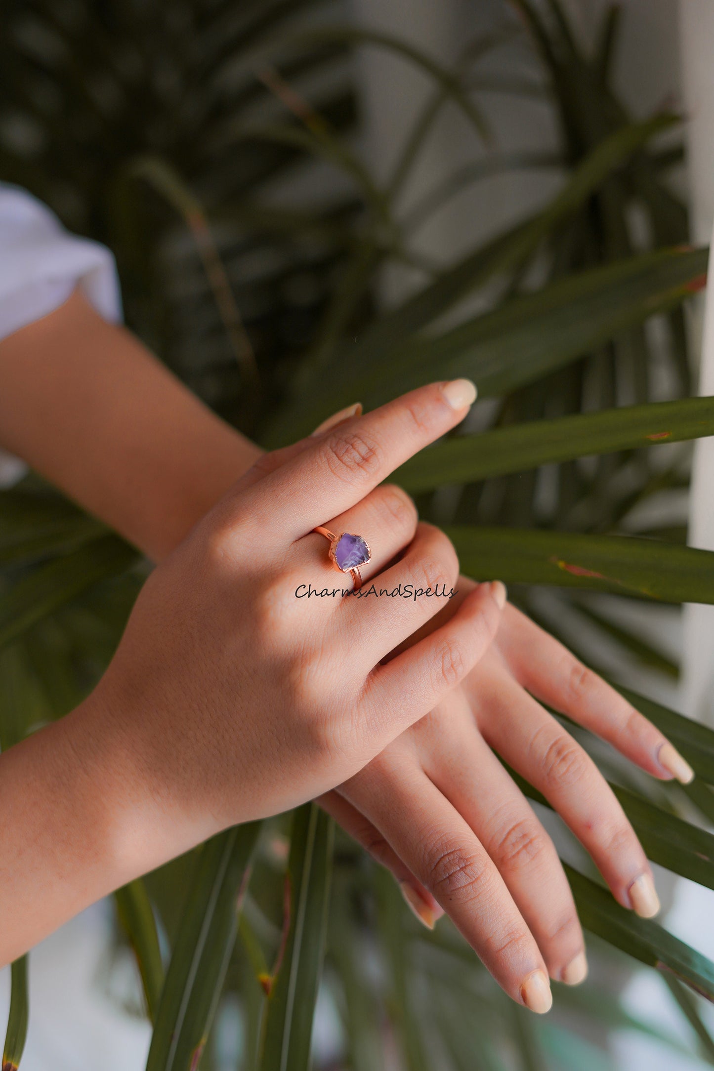 Rough Amethyst Ring| Crystal Adjustable Ring| Electroplated Boho Ring for Women