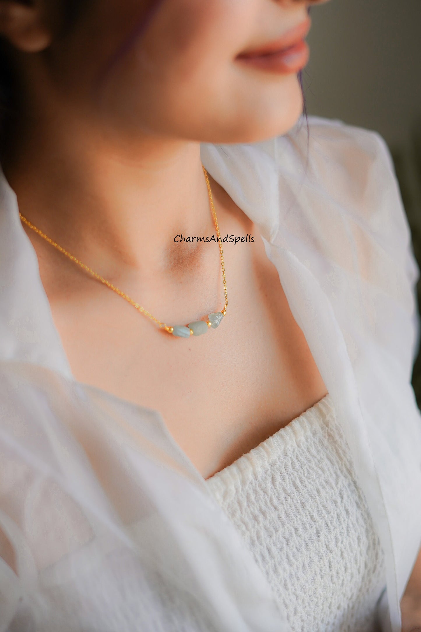 Natural Raw Aquamarine Electroplated Necklace, March Birthstone