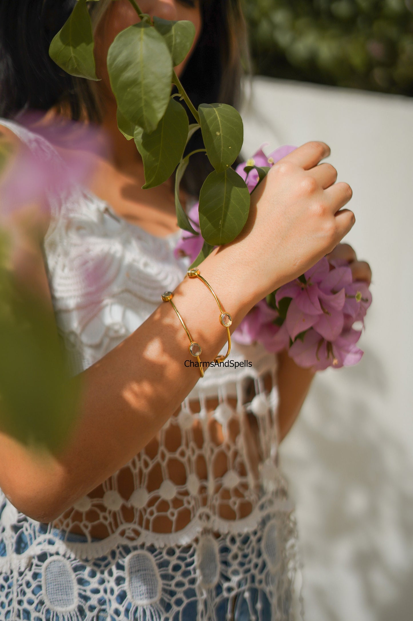 Crystal Bangle | Gold Plated Handmade Jewelry | Adjustable Boho Gift