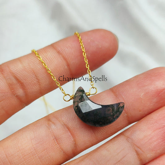 Moss Agate Moon Necklace | 925 Silver Healing Crystal Jewelry | Spiritual Gift for Her