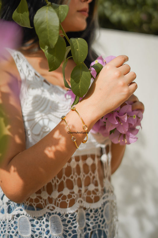 Crystal Bangle | Gold Plated Handmade Jewelry | Adjustable Boho Gift