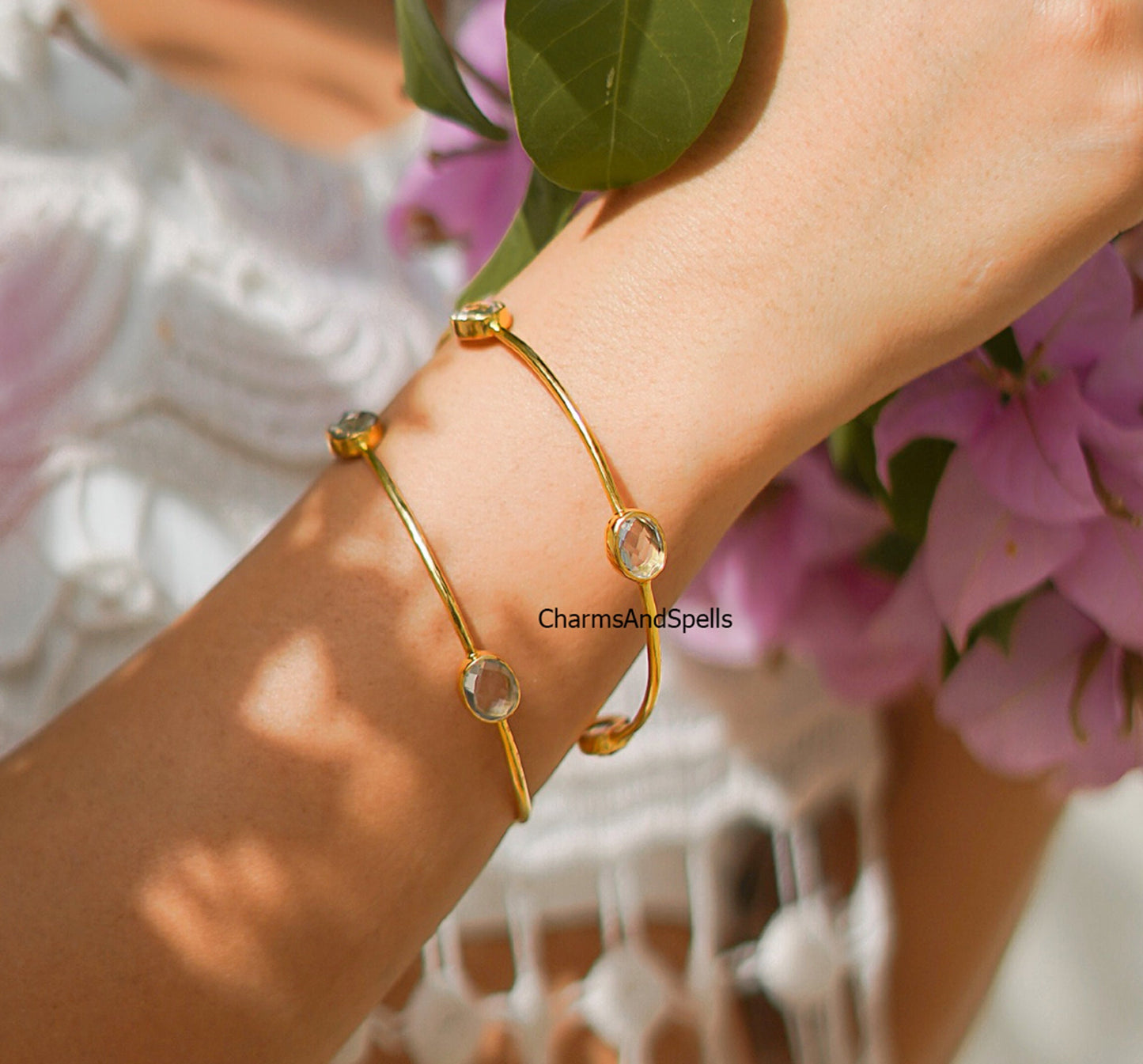 Crystal Bangle | Gold Plated Handmade Jewelry | Adjustable Boho Gift