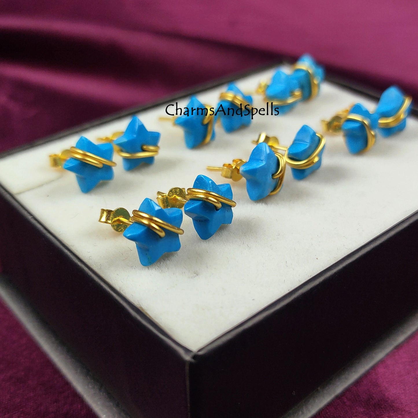 Howlite Turquoise Star Studs In Silver Wire Wrapping