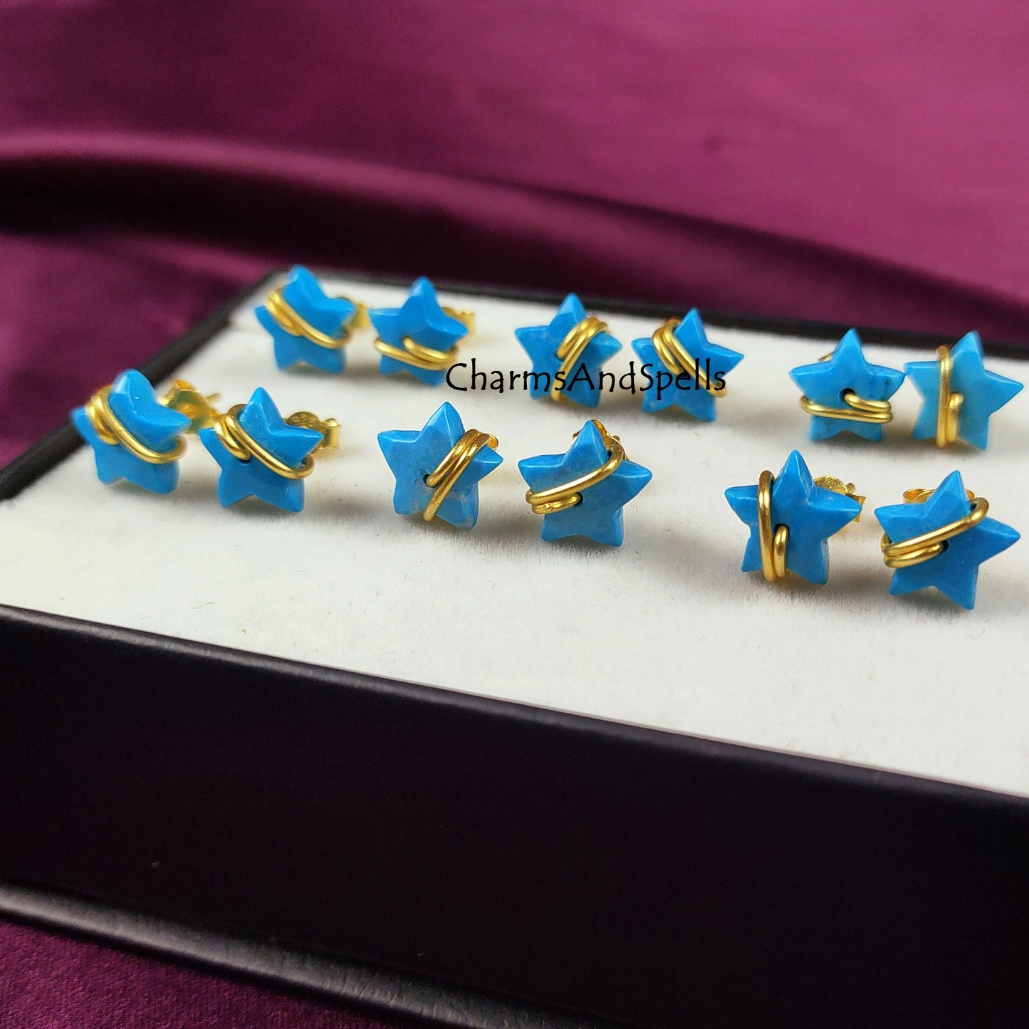 Howlite Turquoise Star Studs In Silver Wire Wrapping
