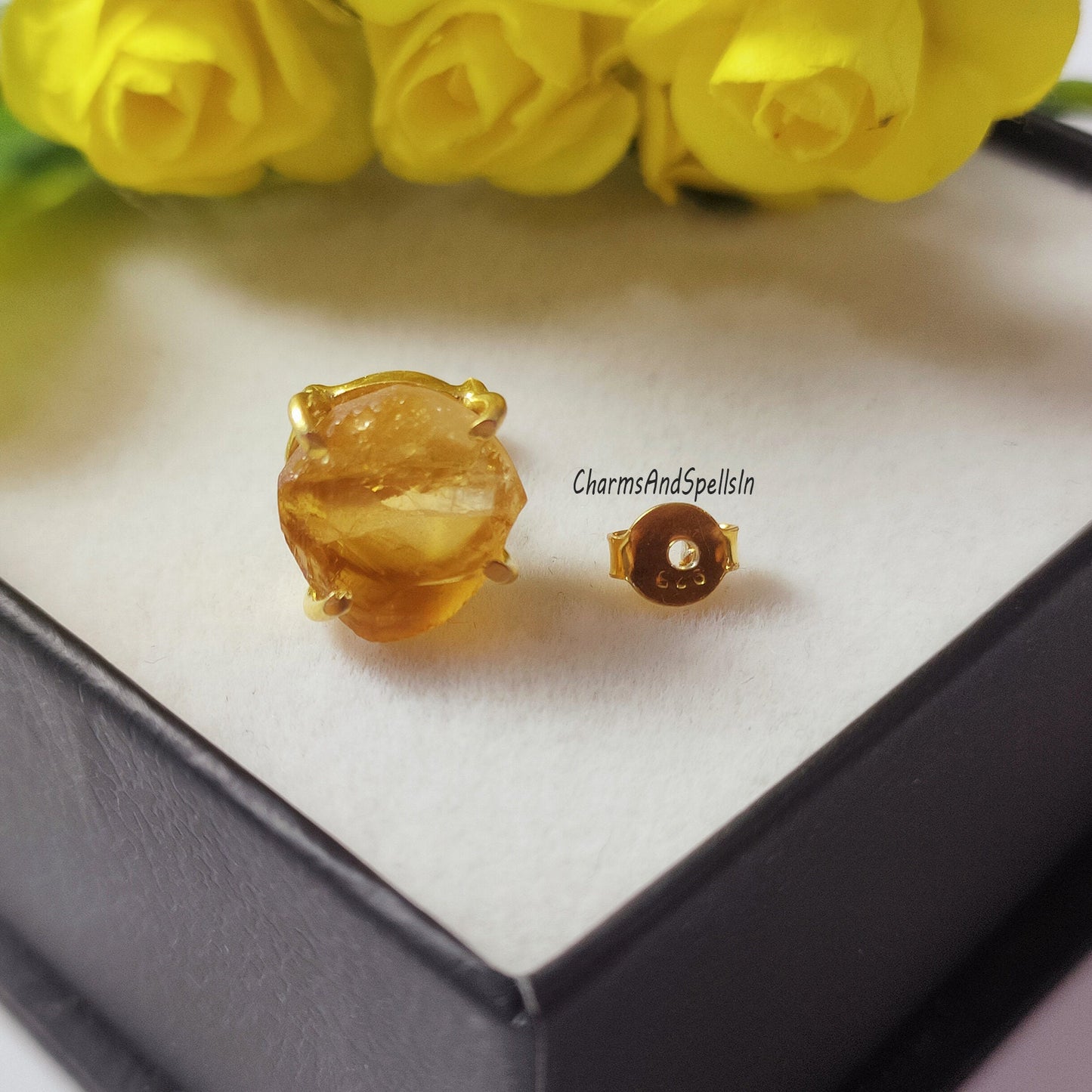Amazing Rough Citrine Stud Earring in 925 Solid Silver