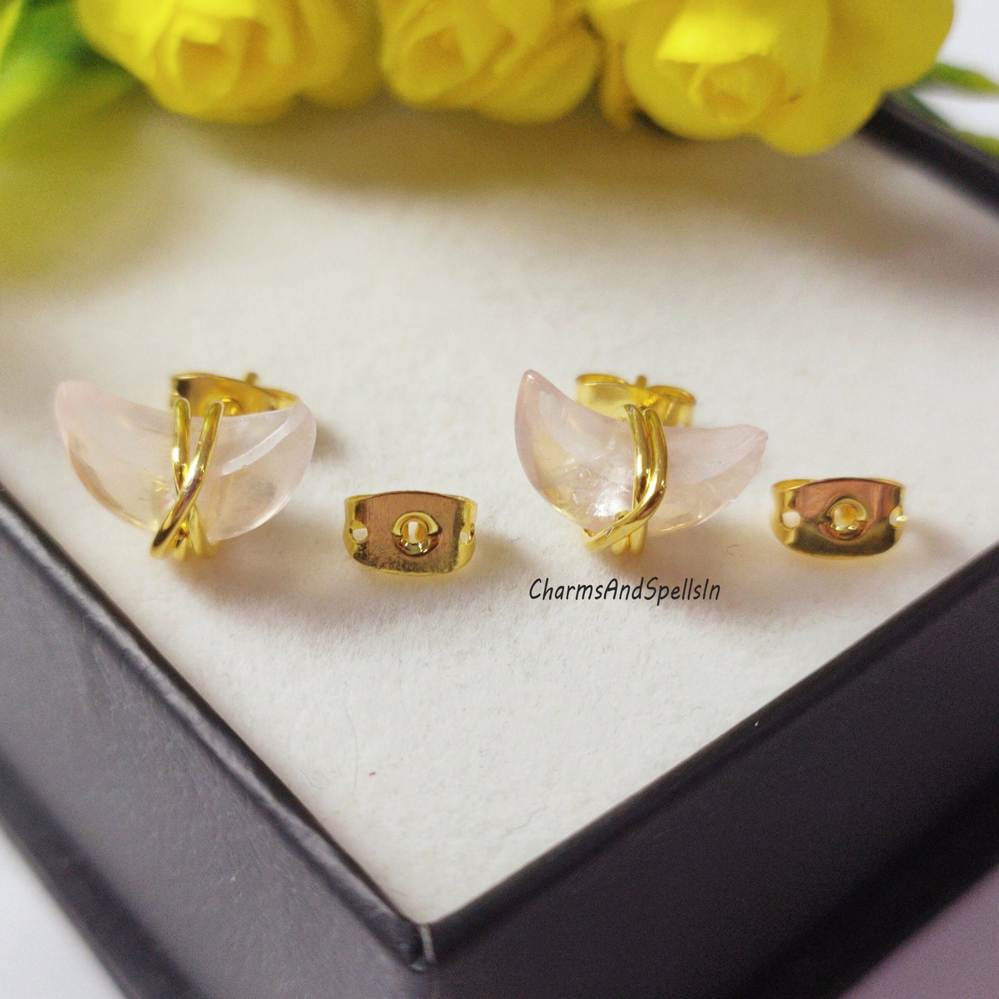 Tiny Rose Quartz Half Moon Stud Earrings In Sterling Silver
