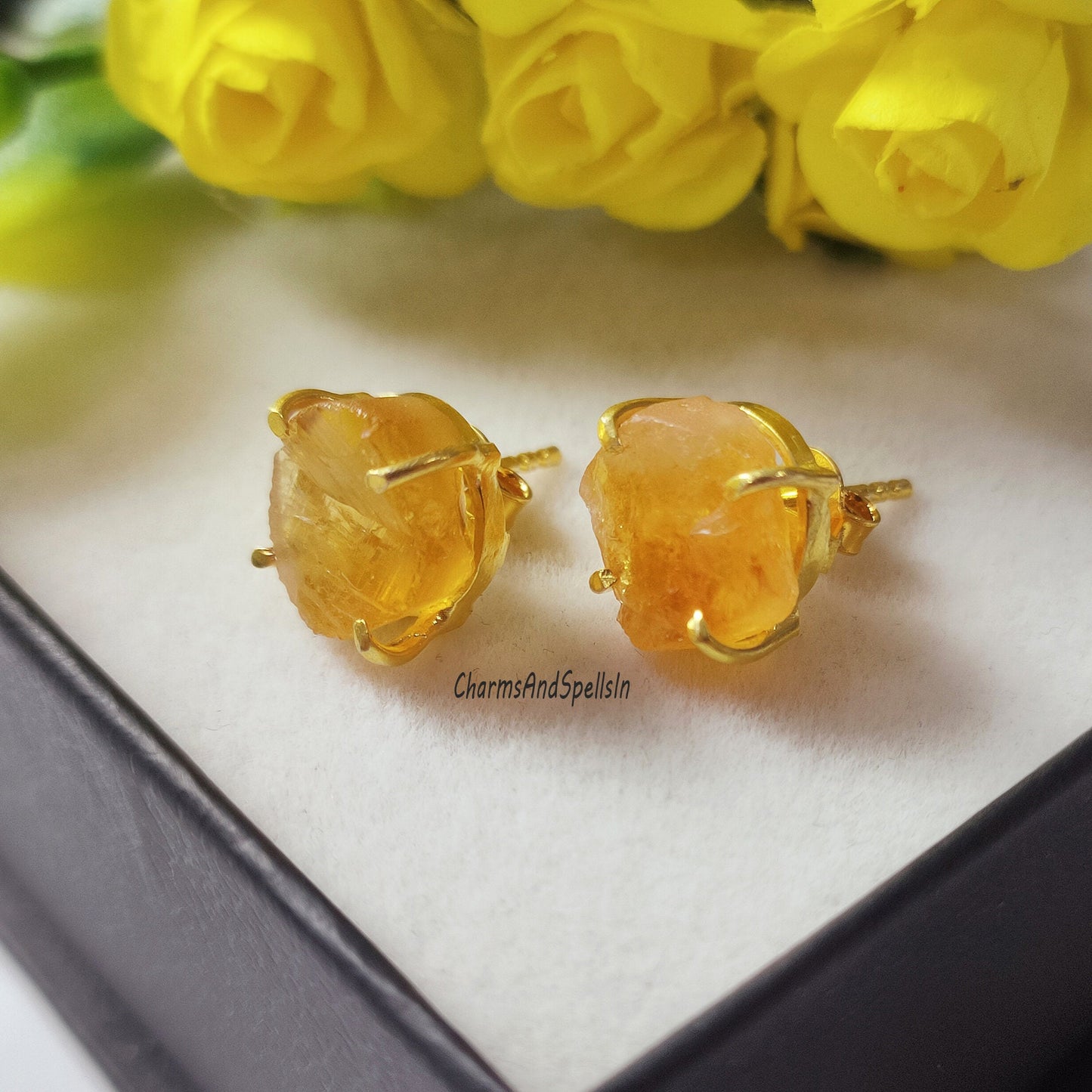 Amazing Rough Citrine Stud Earring in 925 Solid Silver