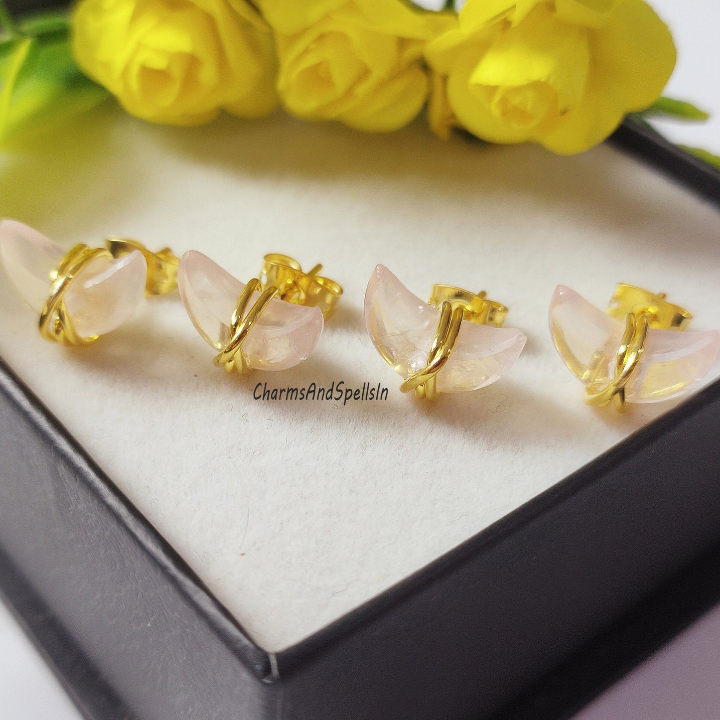 Tiny Rose Quartz Half Moon Stud Earrings In Sterling Silver