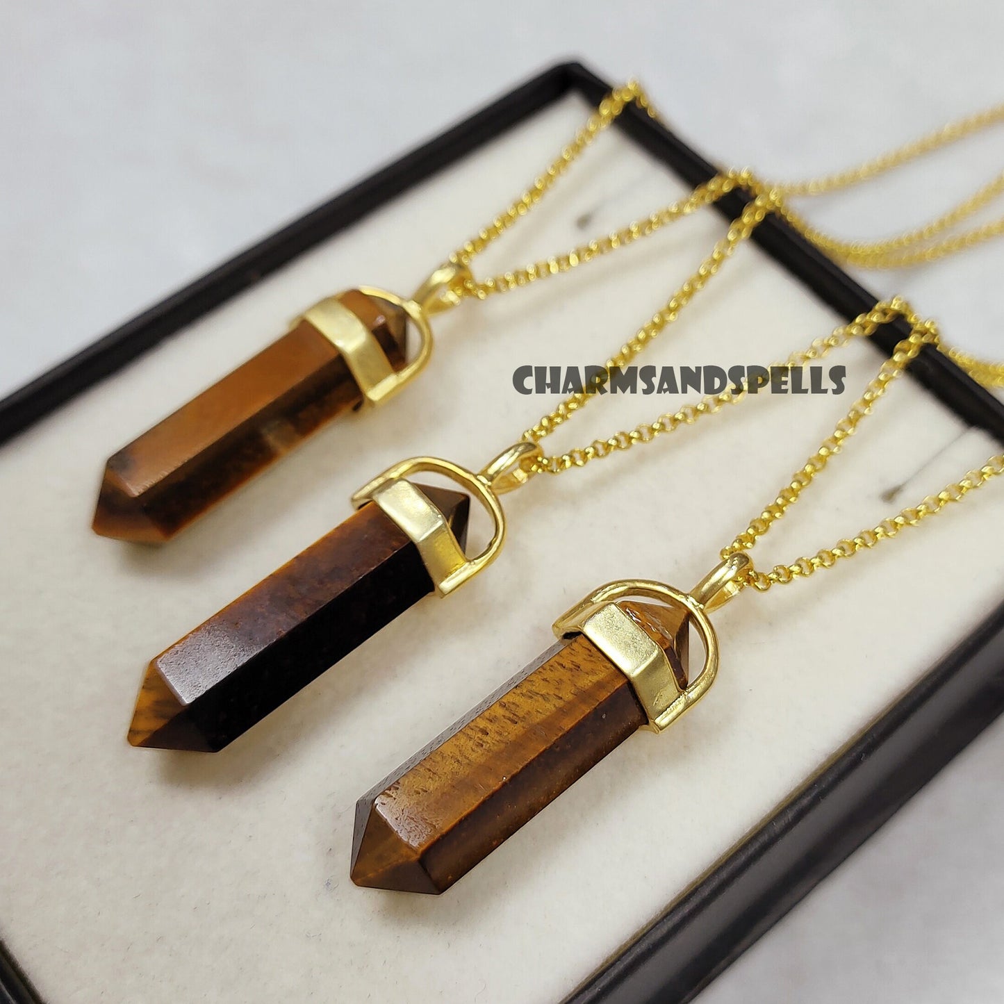 Natural Tiger Eye Crystal Point Pencil Pendant Necklace
