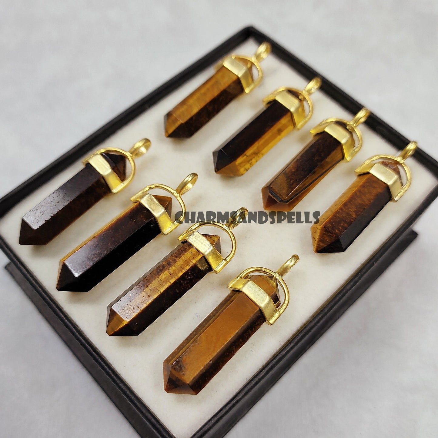 Natural Tiger Eye Crystal Point Pencil Pendant Necklace