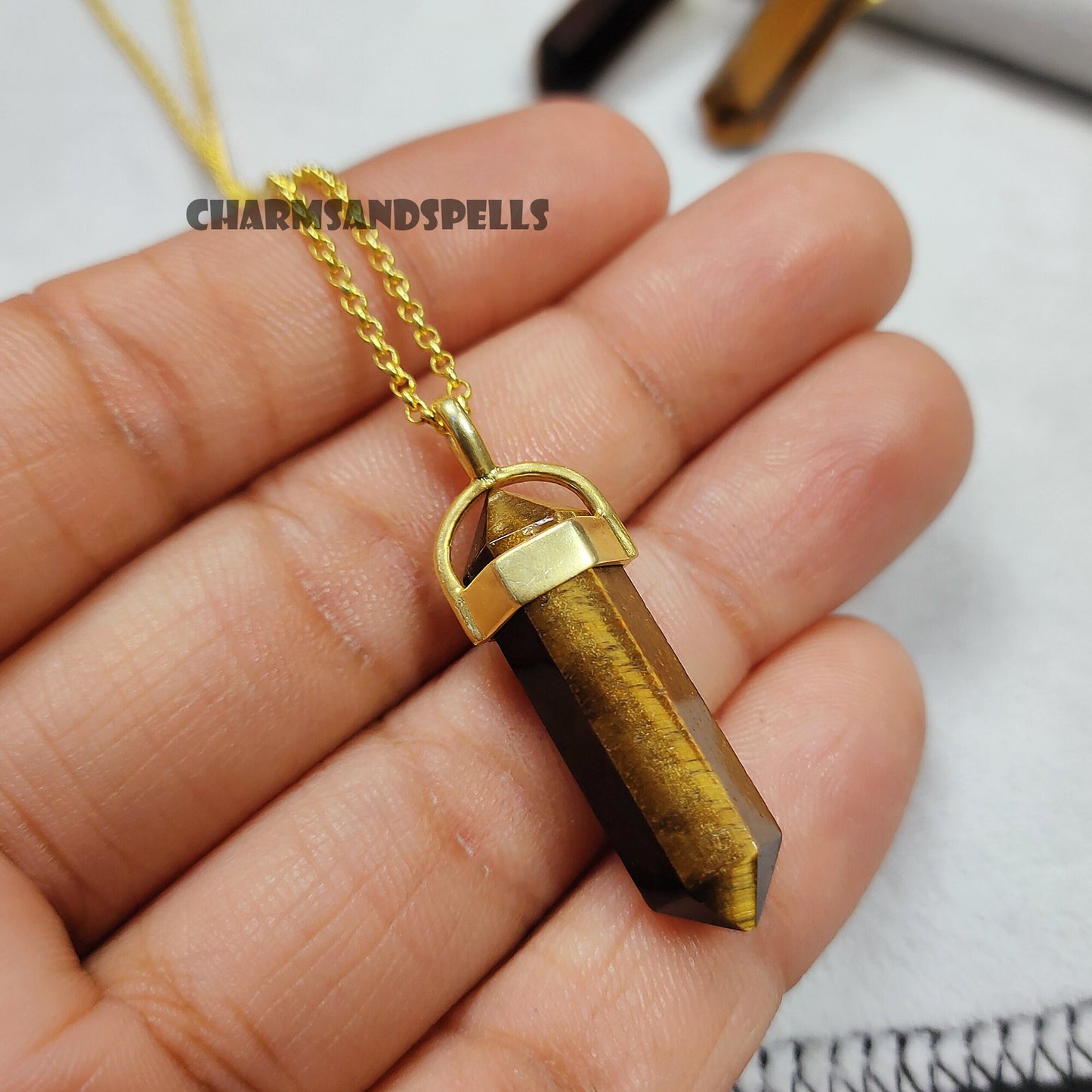 Natural Tiger Eye Crystal Point Pencil Pendant Necklace