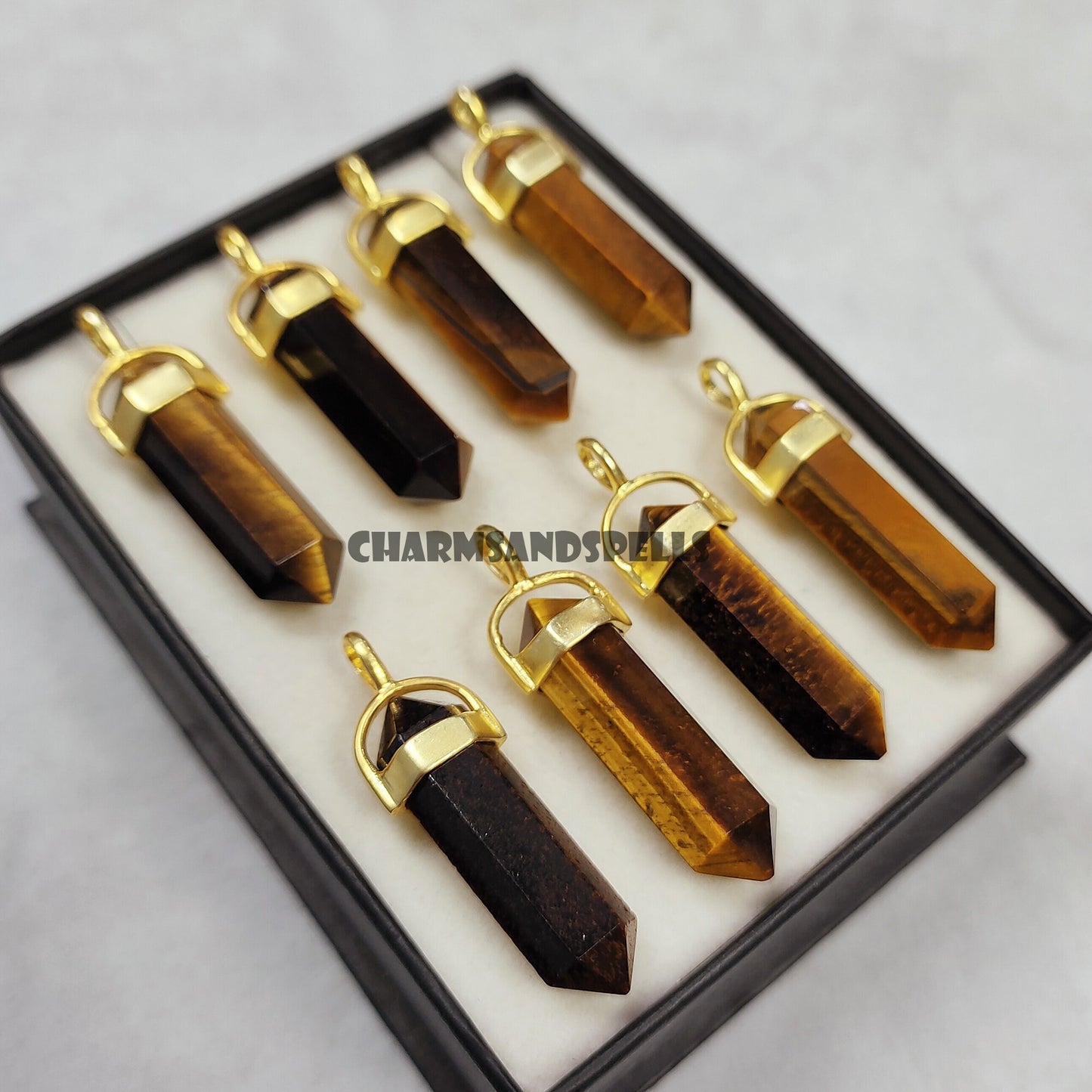Natural Tiger Eye Crystal Point Pencil Pendant Necklace