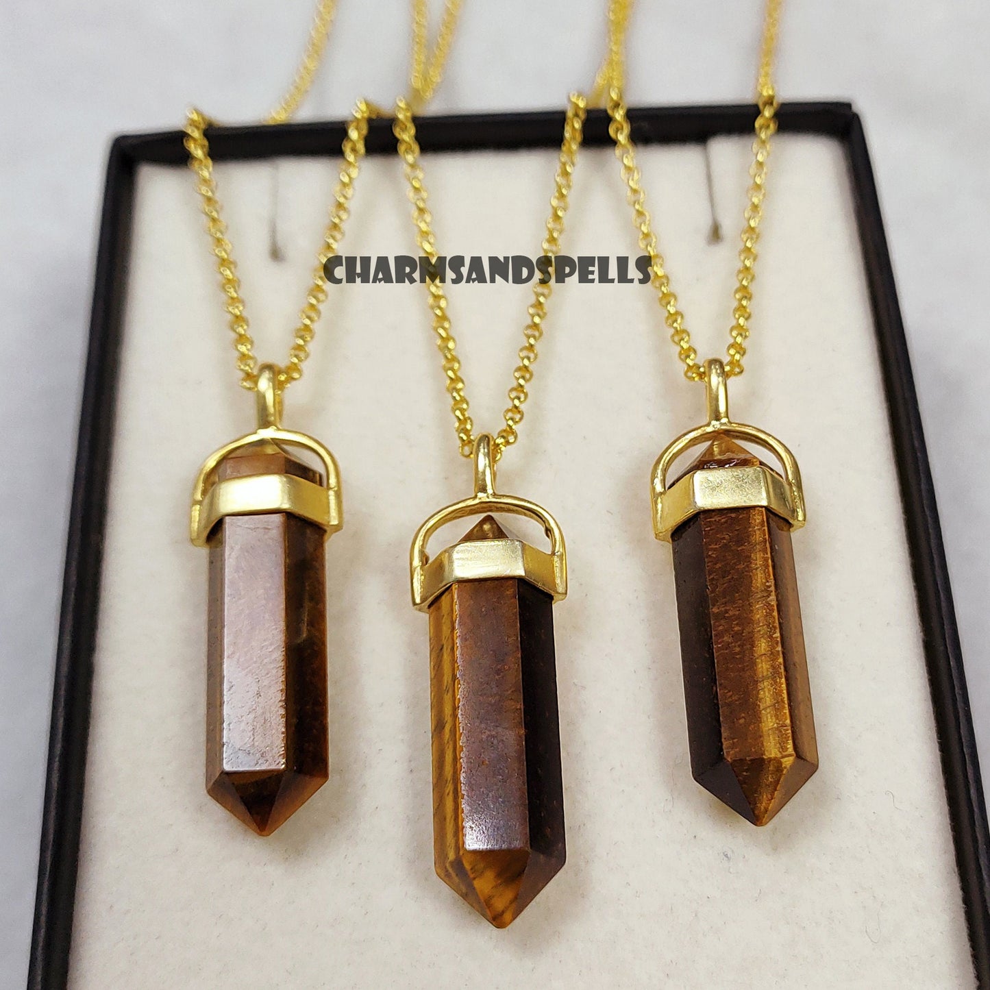 Natural Tiger Eye Crystal Point Pencil Pendant Necklace