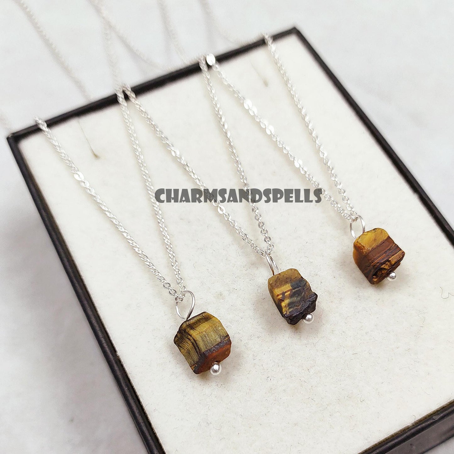Raw Tiger's Eye Crystal Pendant Necklace in Sterling Silver