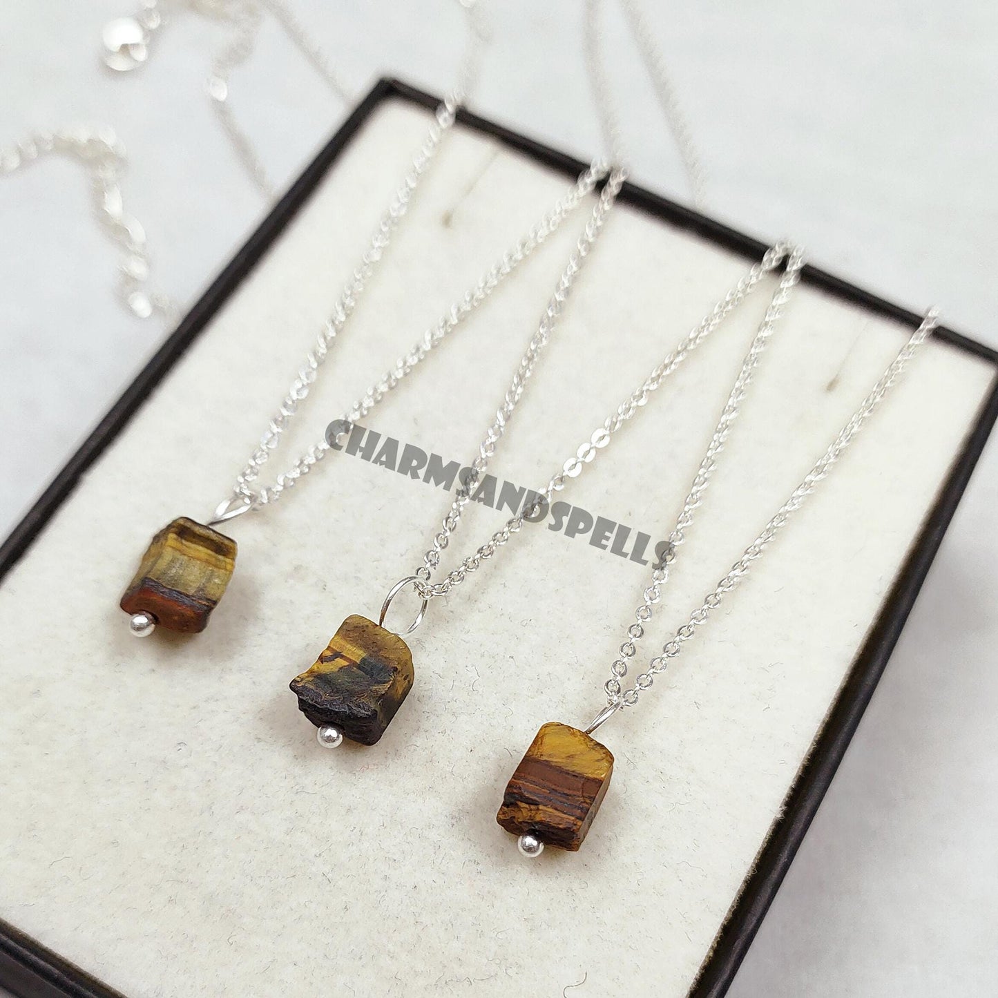 Raw Tiger's Eye Crystal Pendant Necklace in Sterling Silver