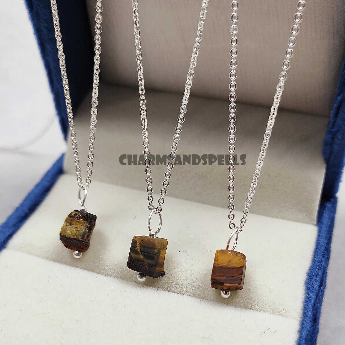 Raw Tiger's Eye Crystal Pendant Necklace in Sterling Silver