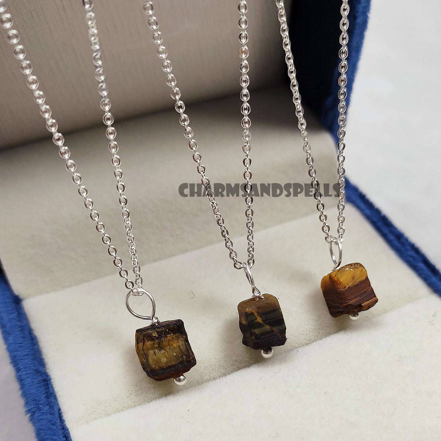 Raw Tiger's Eye Crystal Pendant Necklace in Sterling Silver