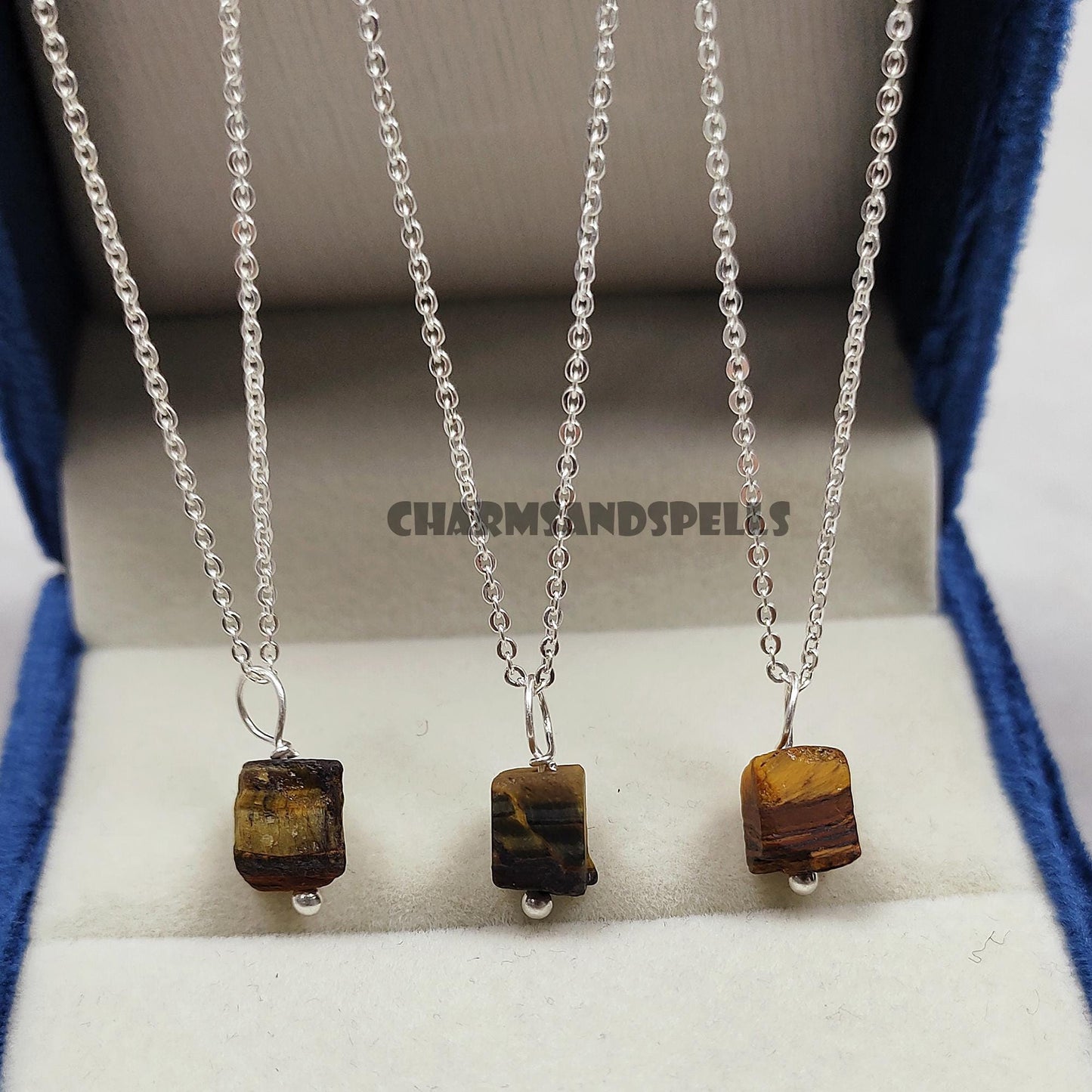 Raw Tiger's Eye Crystal Pendant Necklace in Sterling Silver
