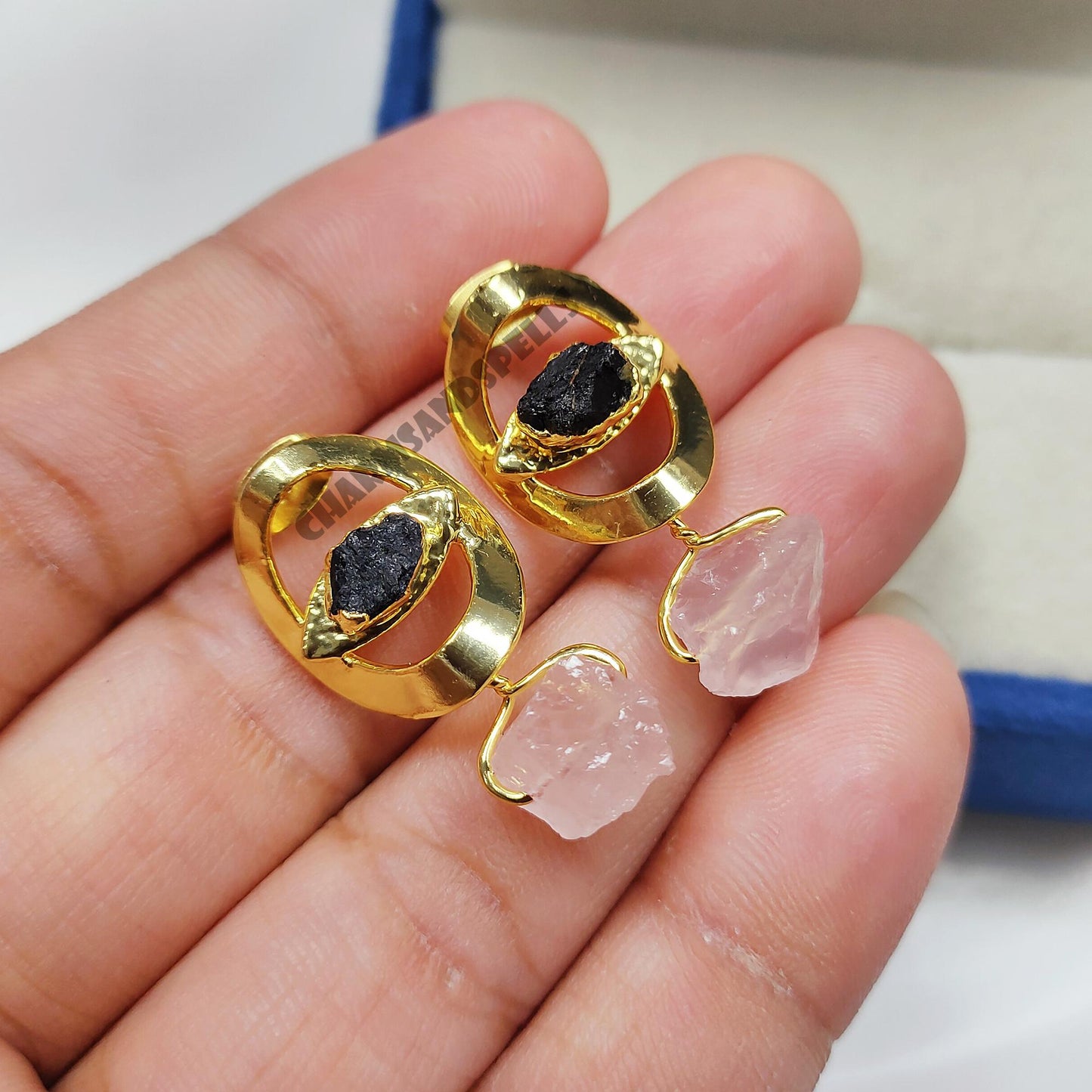 Divine Eye Rough Black Tourmaline & Rose Quartz Earrings| 14K Gold Plated