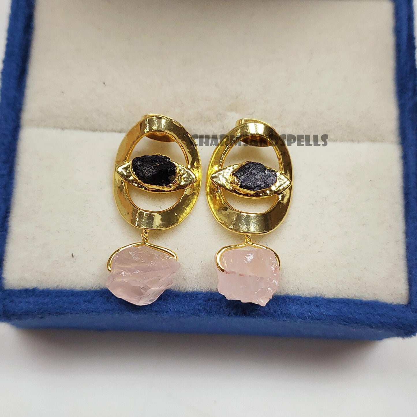 Divine Eye Rough Black Tourmaline & Rose Quartz Earrings| 14K Gold Plated