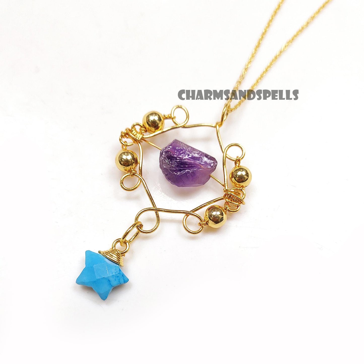 Enchanted Nove Raw Amethyst & Turquoise Necklace| 14K Gold Plated Crystal Jewelry