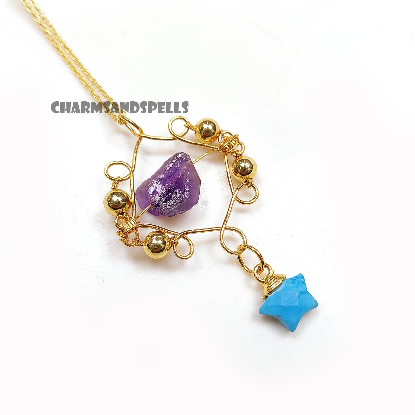 Enchanted Nove Raw Amethyst & Turquoise Necklace| 14K Gold Plated Crystal Jewelry
