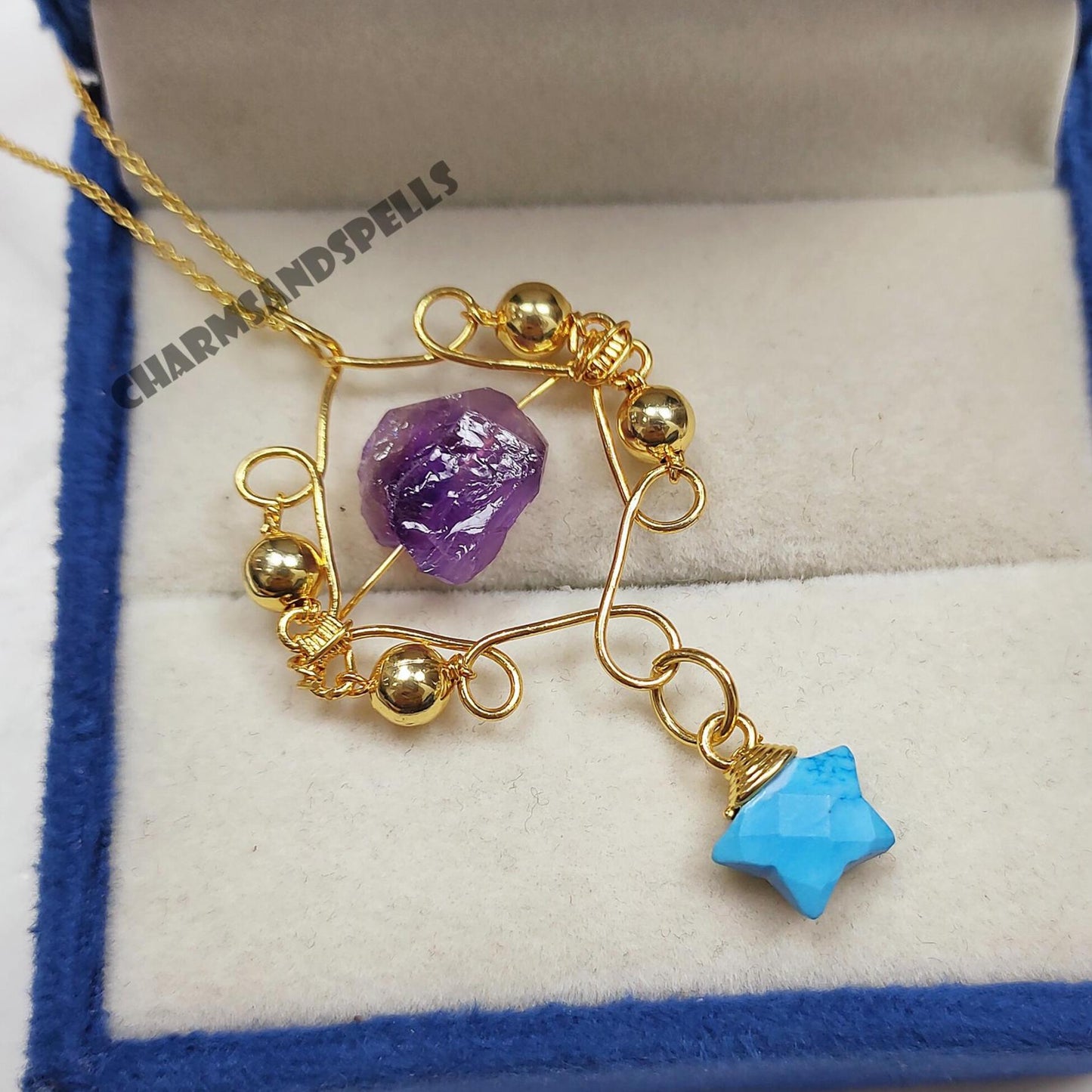 Enchanted Nove Raw Amethyst & Turquoise Necklace| 14K Gold Plated Crystal Jewelry