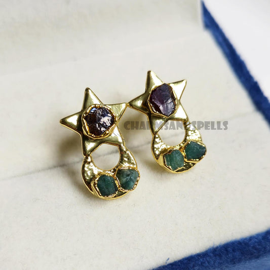 Celestial Alchemy Raw Stone Earrings| Emerald & Garnet Studs| Moon Star Healing Jewelry