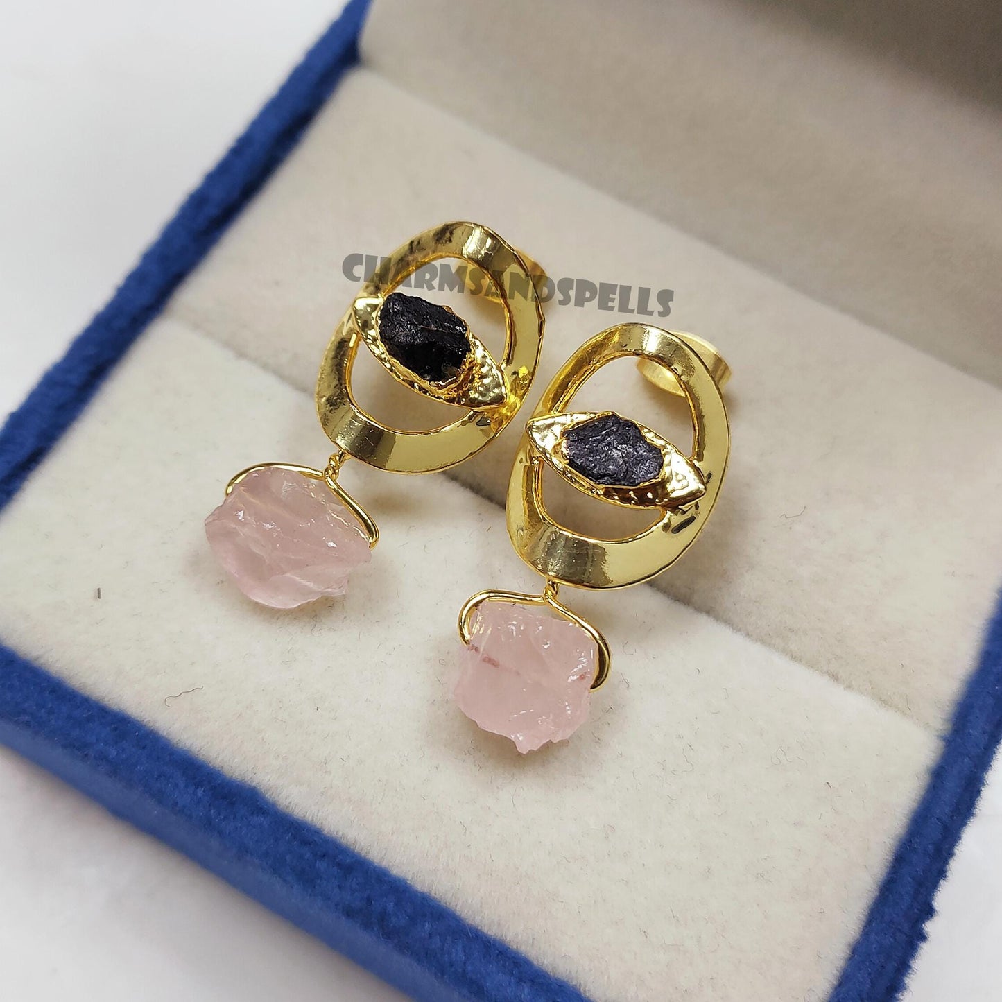 Divine Eye Rough Black Tourmaline & Rose Quartz Earrings| 14K Gold Plated