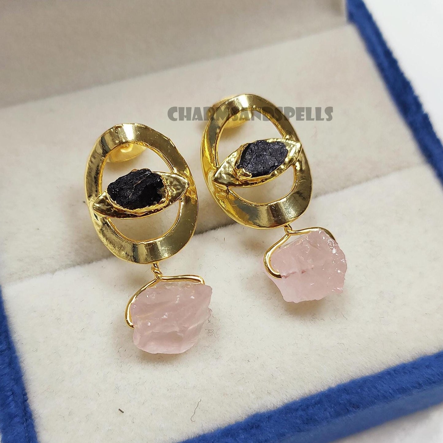 Divine Eye Rough Black Tourmaline & Rose Quartz Earrings| 14K Gold Plated