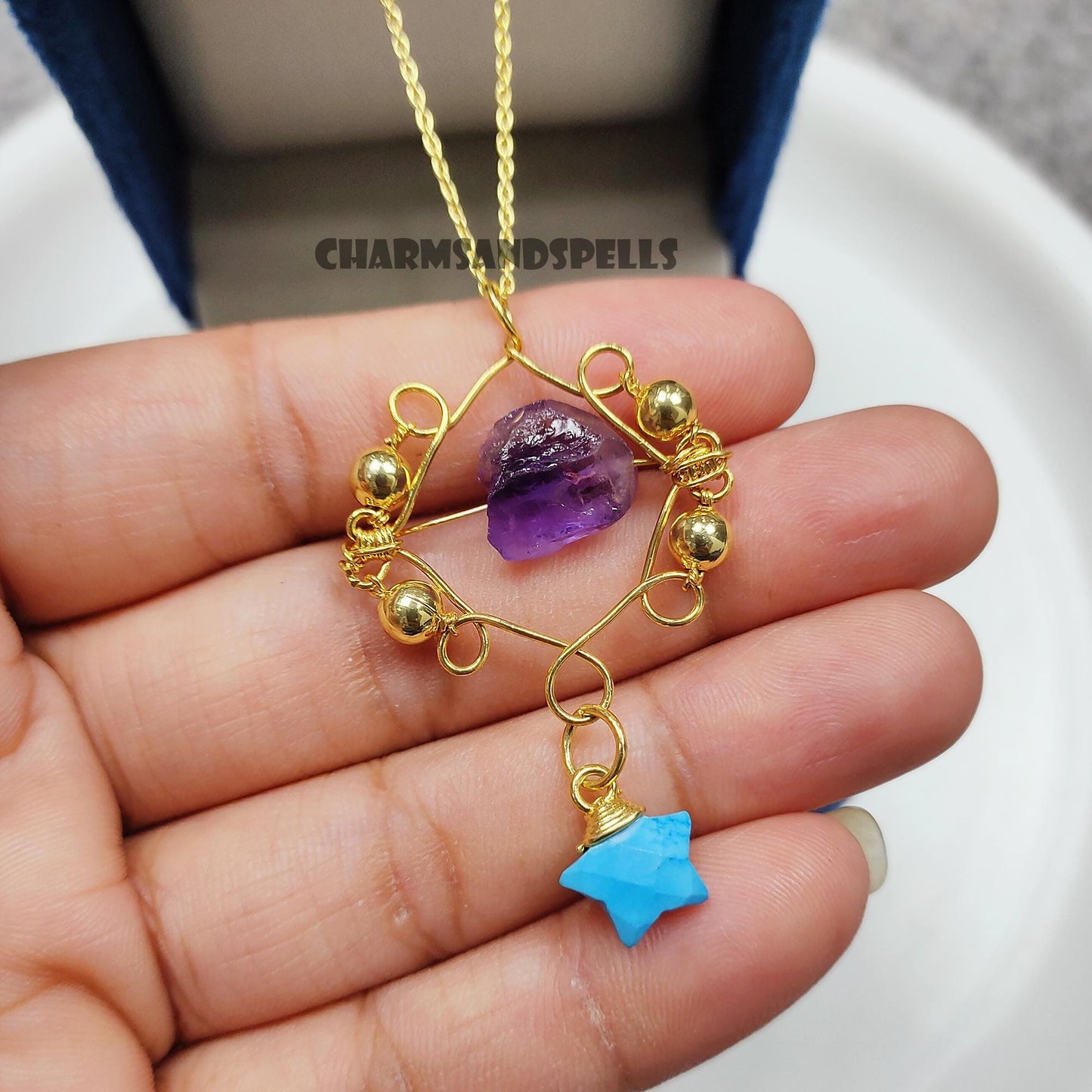Enchanted Nove Raw Amethyst & Turquoise Necklace| 14K Gold Plated Crystal Jewelry