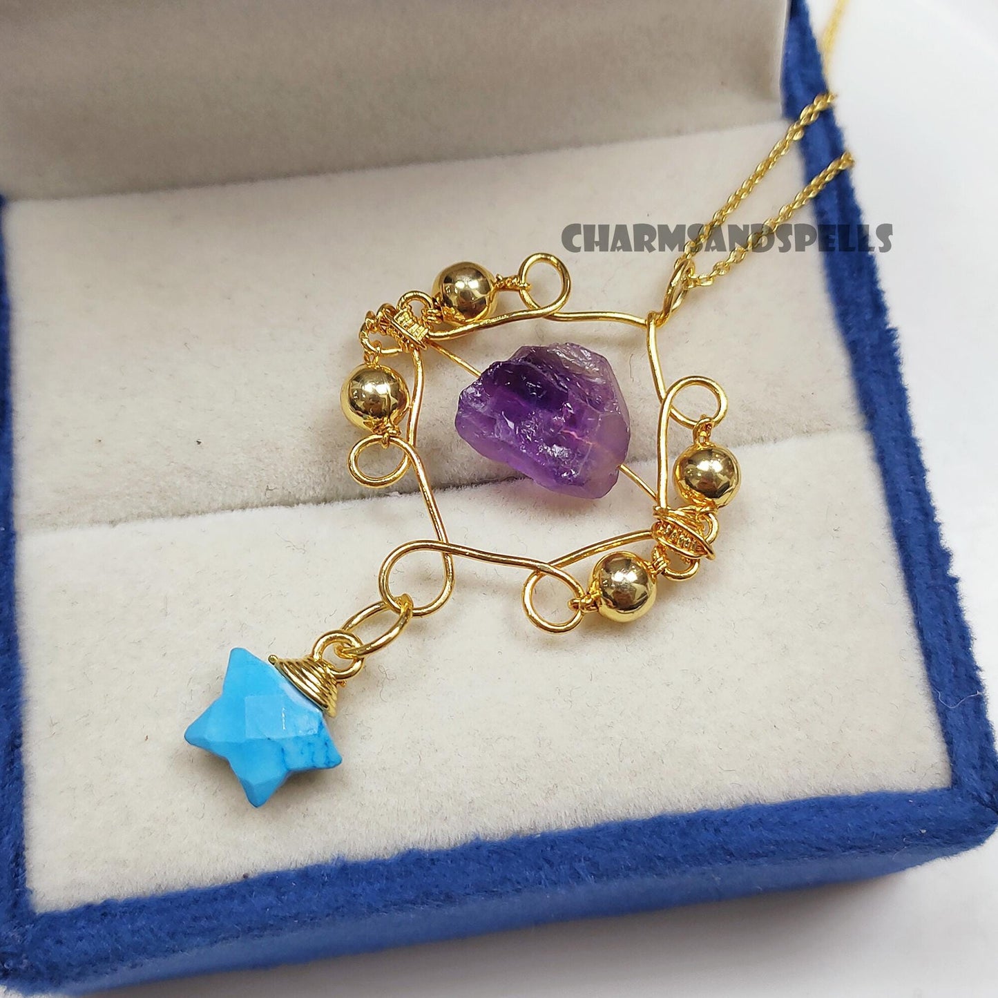 Enchanted Nove Raw Amethyst & Turquoise Necklace| 14K Gold Plated Crystal Jewelry
