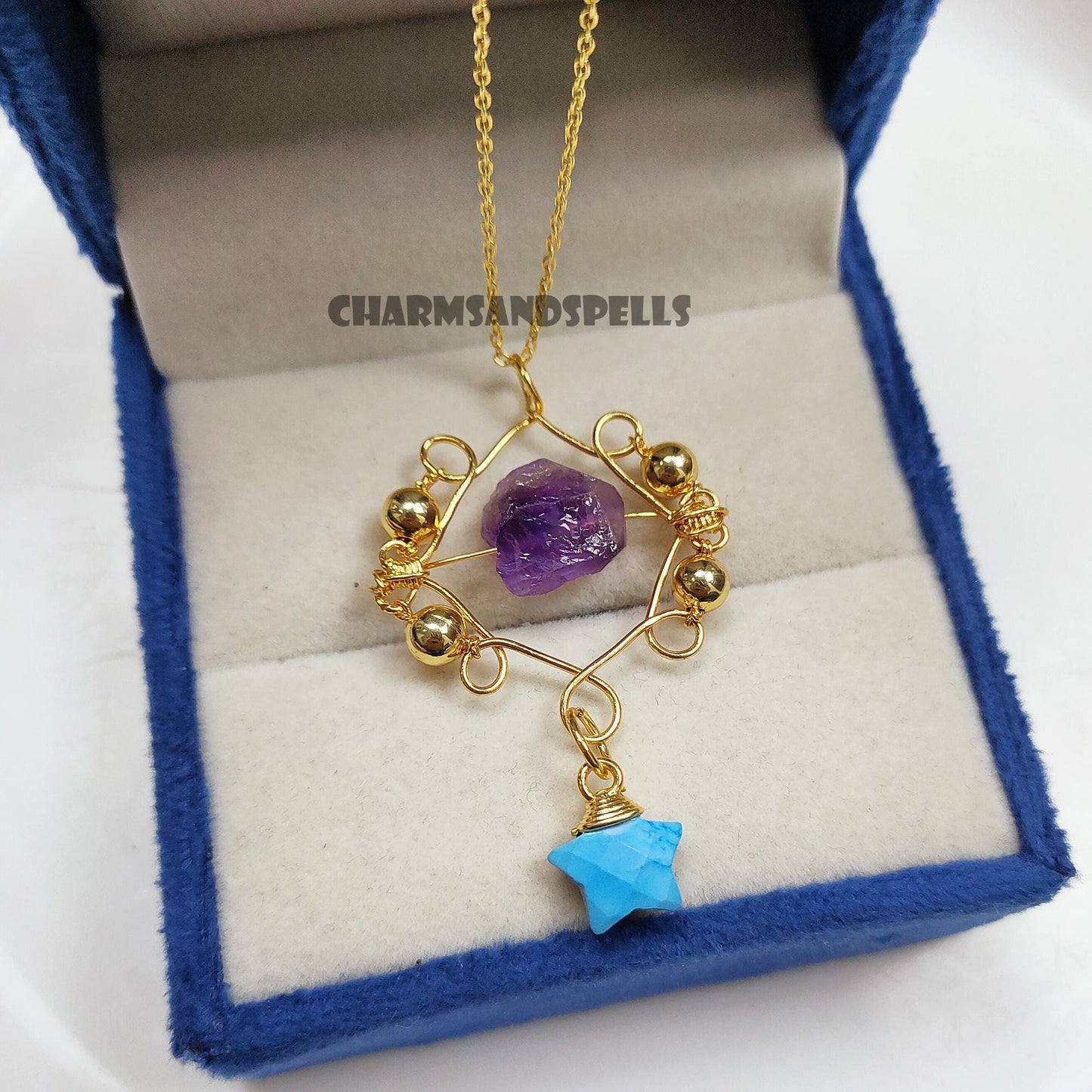 Enchanted Nove Raw Amethyst & Turquoise Necklace| 14K Gold Plated Crystal Jewelry
