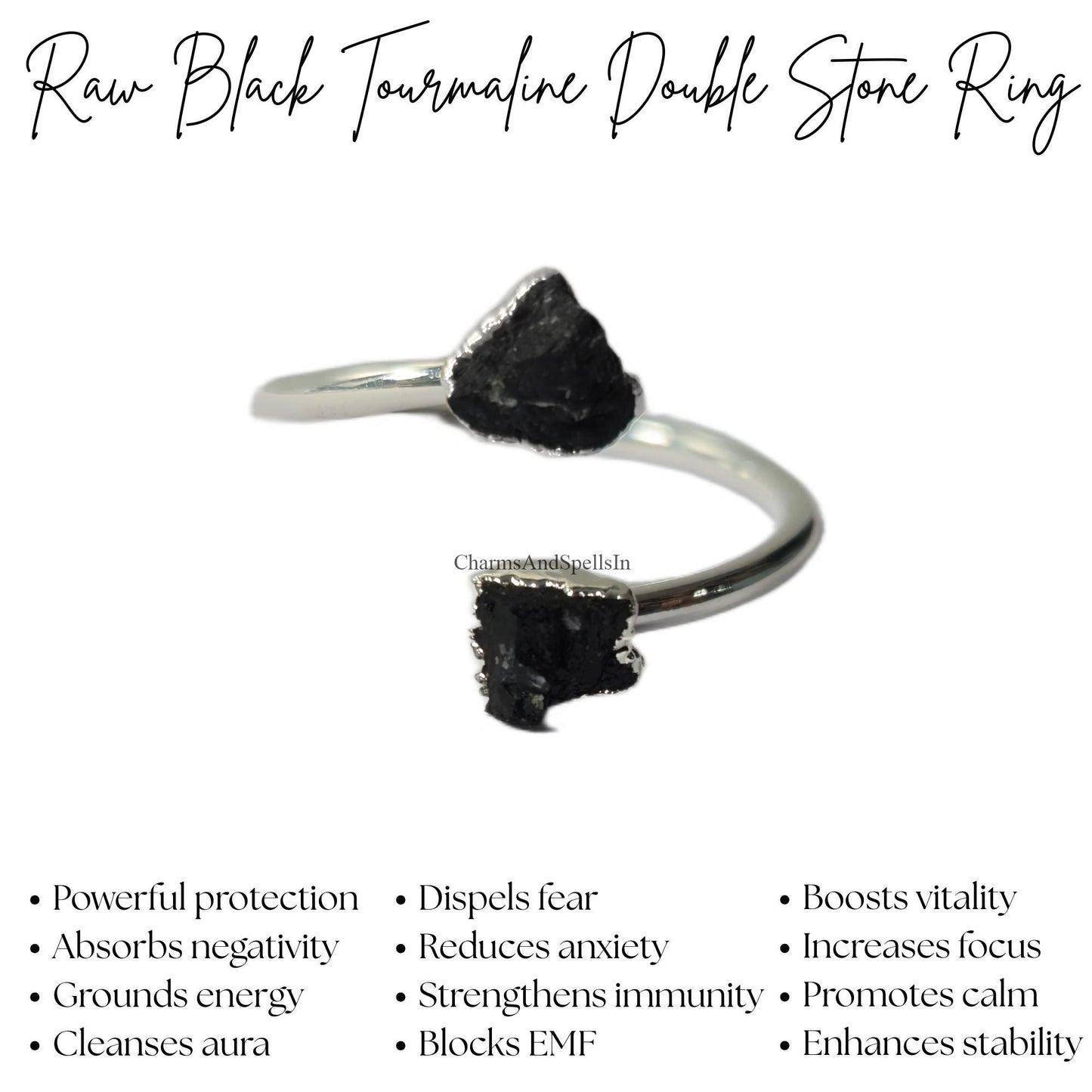 Raw Black Tourmaline| Adjustable Gemstone Ring for Women| Protection Jewelry