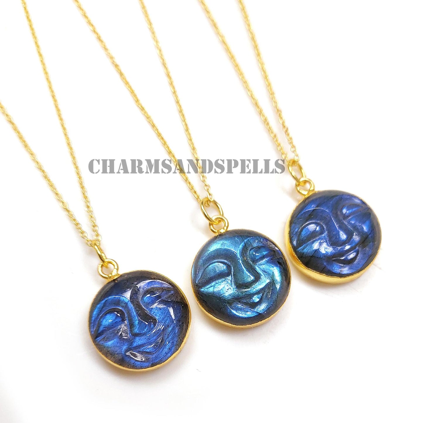Blue Flash Labradorite Moon Face Necklace, 14k Gold Plated Healing Pendant