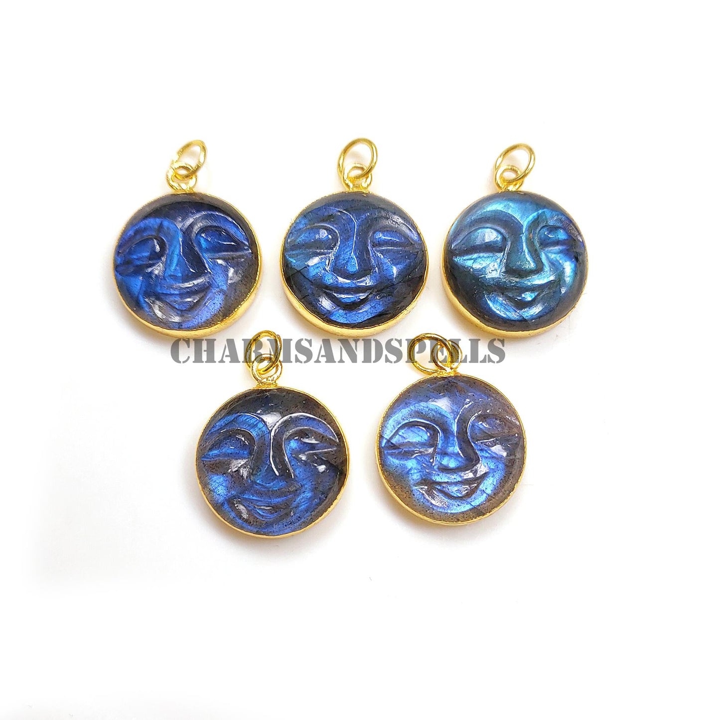 Blue Flash Labradorite Moon Face Necklace, 14k Gold Plated Healing Pendant