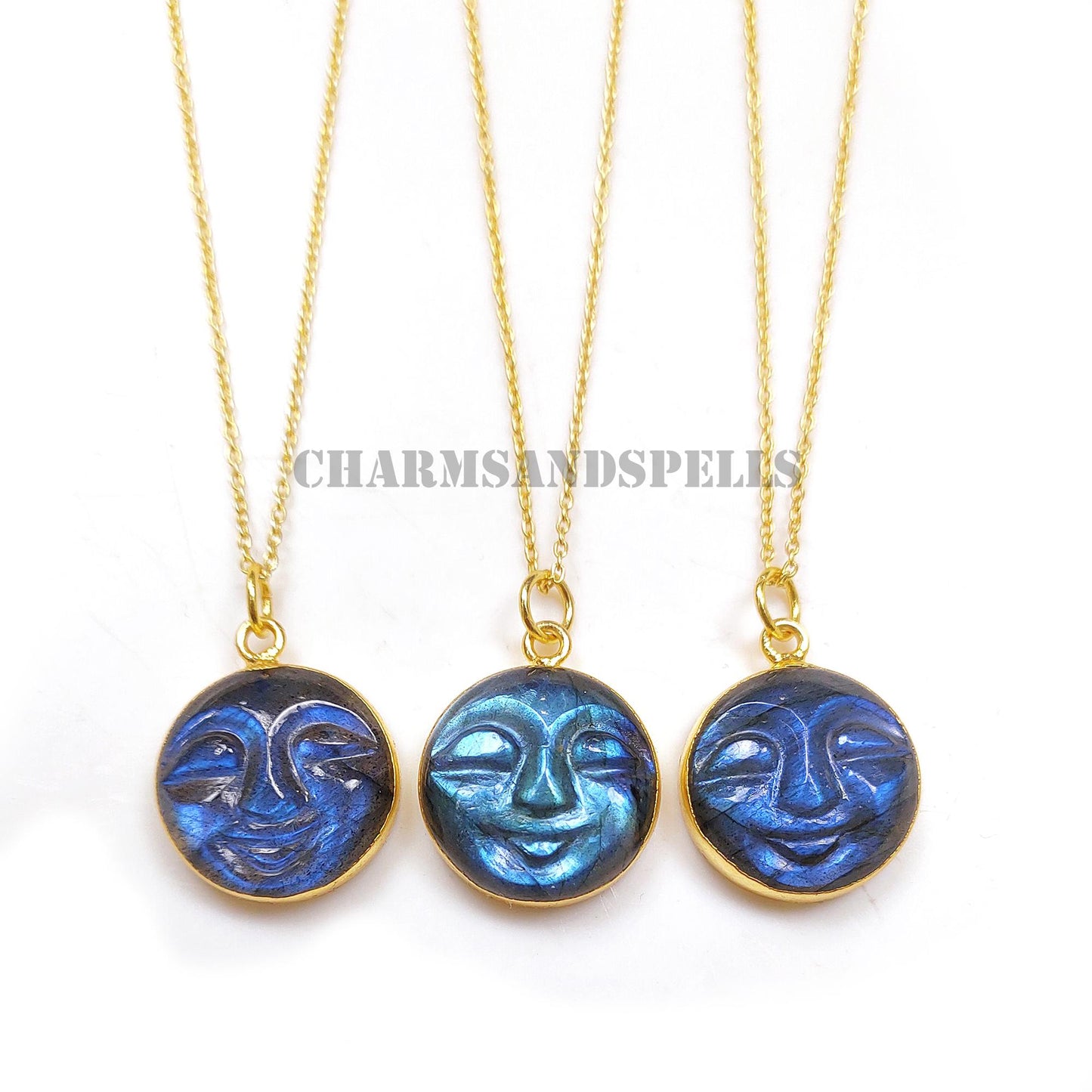 Blue Flash Labradorite Moon Face Necklace, 14k Gold Plated Healing Pendant