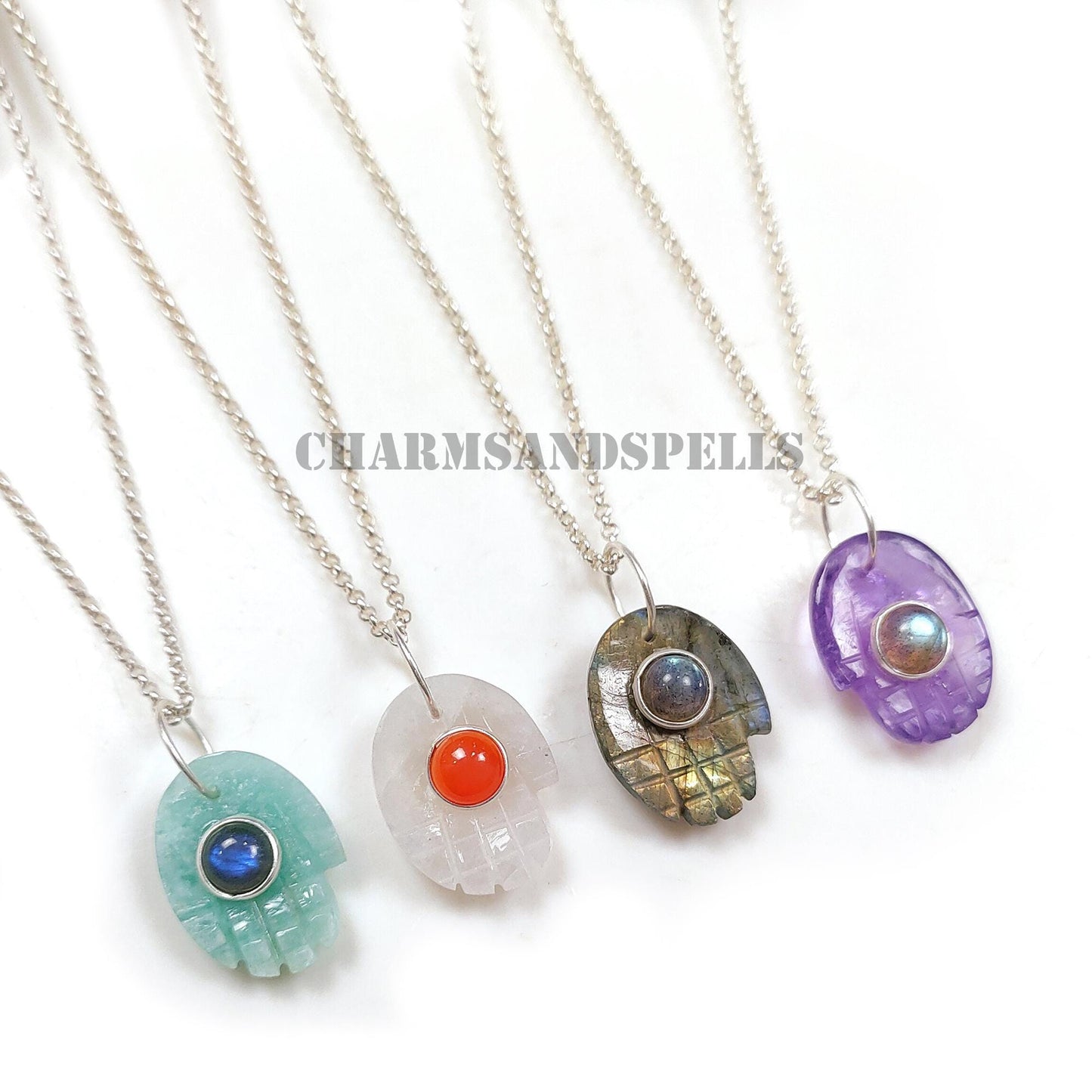Gemstone Hamsa Hand Pendant in 925 Sterling Silver Gold Vermeil – Handcarved Spiritual Charm Jewelry with Amethyst & Labradorite, Amazonite & Labradorite, Moonstone & Carnelian, and Labradorite – Healing Crystal Protection Amulet Necklace Pendant – Boho Spiritual Jewelry Gift for Women and Men – Handmade Meaningful Jewelry, Great for Resellers, Crystal Lovers, and Spiritual Gifts