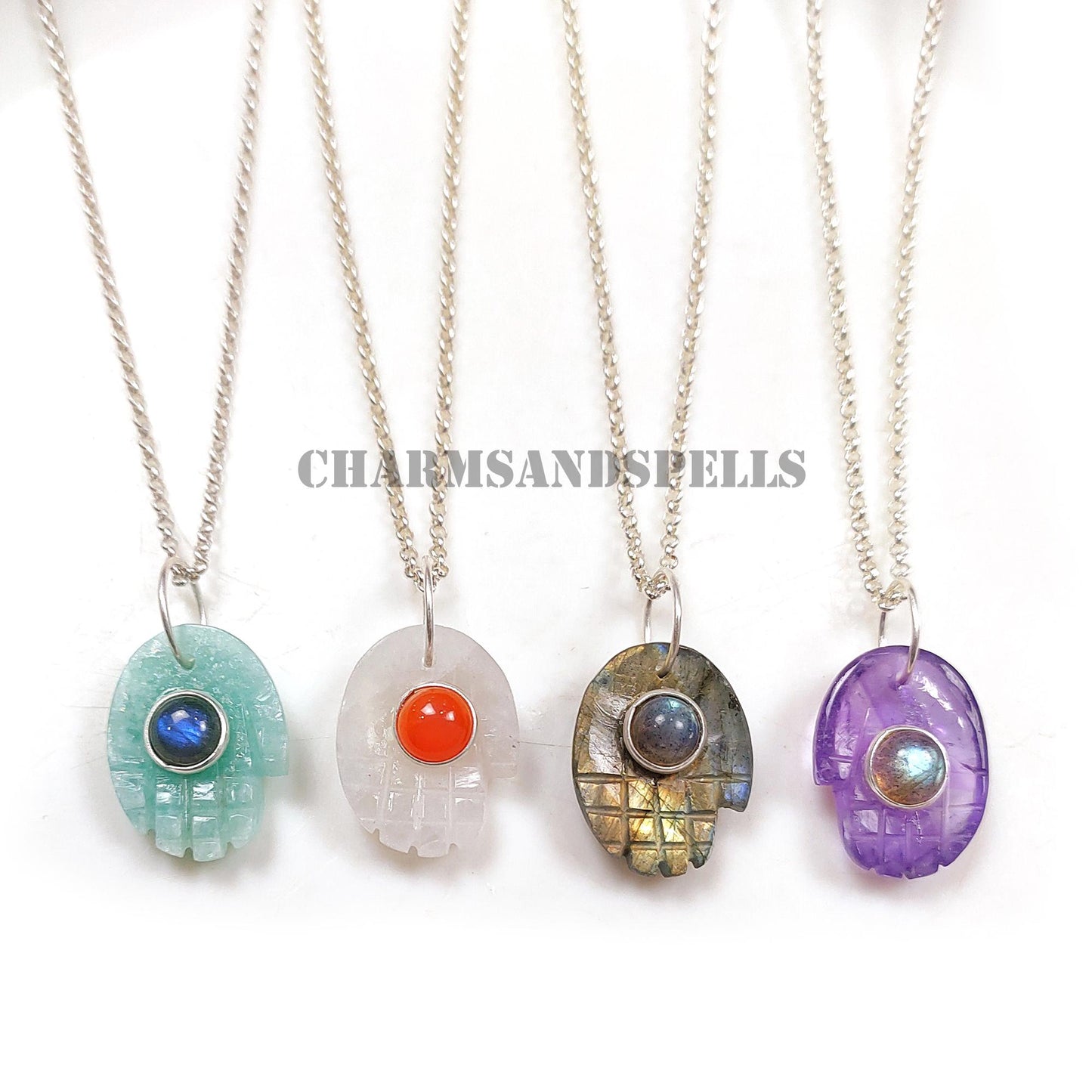 Gemstone Hamsa Hand Pendant in 925 Sterling Silver Gold Vermeil – Handcarved Spiritual Charm Jewelry with Amethyst & Labradorite, Amazonite & Labradorite, Moonstone & Carnelian, and Labradorite – Healing Crystal Protection Amulet Necklace Pendant – Boho Spiritual Jewelry Gift for Women and Men – Handmade Meaningful Jewelry, Great for Resellers, Crystal Lovers, and Spiritual Gifts