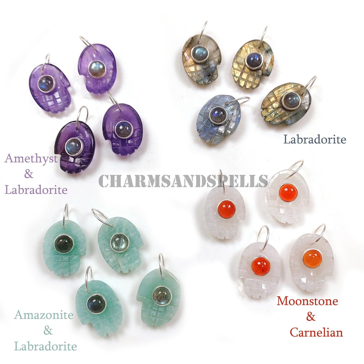 Gemstone Hamsa Hand Pendant in 925 Sterling Silver Gold Vermeil – Handcarved Spiritual Charm Jewelry with Amethyst & Labradorite, Amazonite & Labradorite, Moonstone & Carnelian, and Labradorite – Healing Crystal Protection Amulet Necklace Pendant – Boho Spiritual Jewelry Gift for Women and Men – Handmade Meaningful Jewelry, Great for Resellers, Crystal Lovers, and Spiritual Gifts