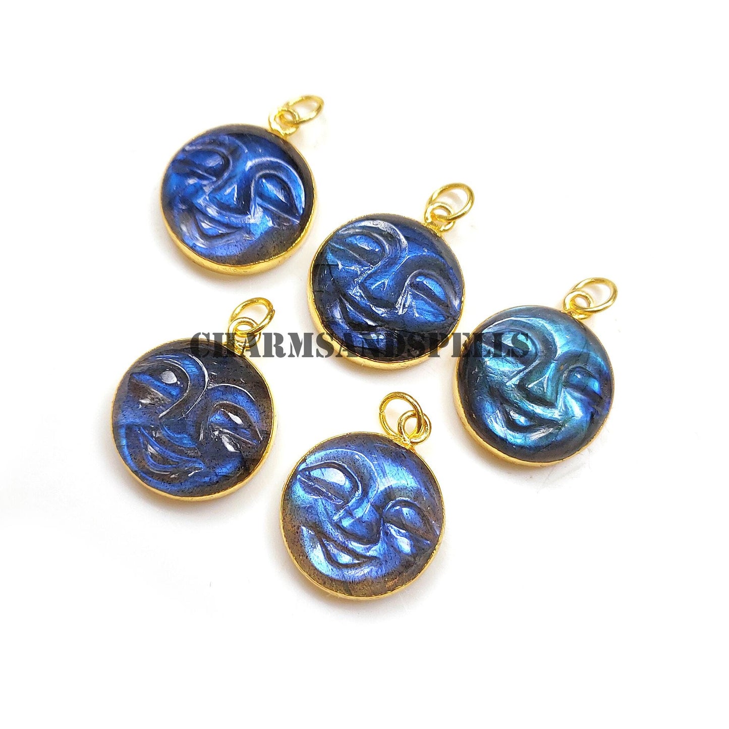 Blue Flash Labradorite Moon Face Necklace, 14k Gold Plated Healing Pendant