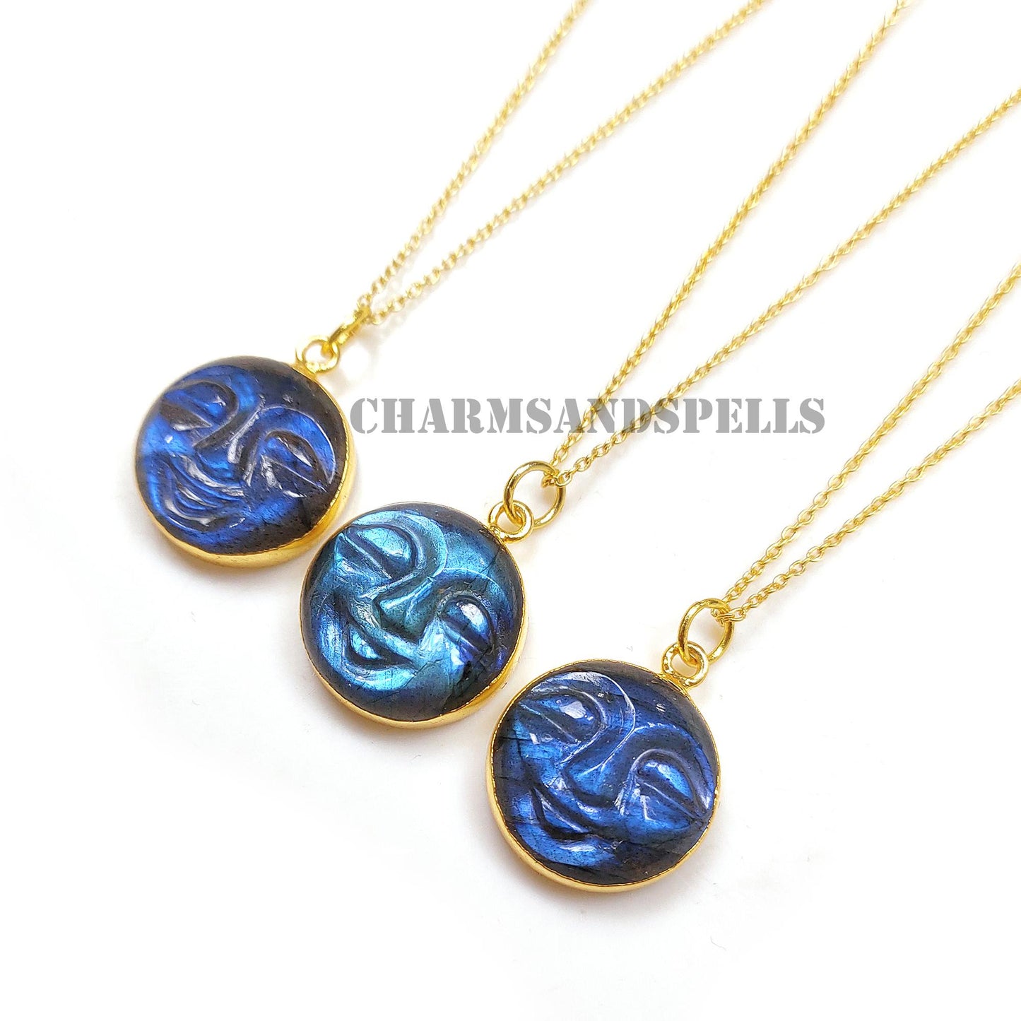 Blue Flash Labradorite Moon Face Necklace, 14k Gold Plated Healing Pendant