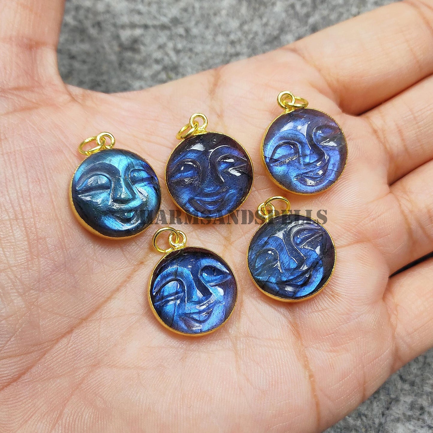 Blue Flash Labradorite Moon Face Necklace, 14k Gold Plated Healing Pendant