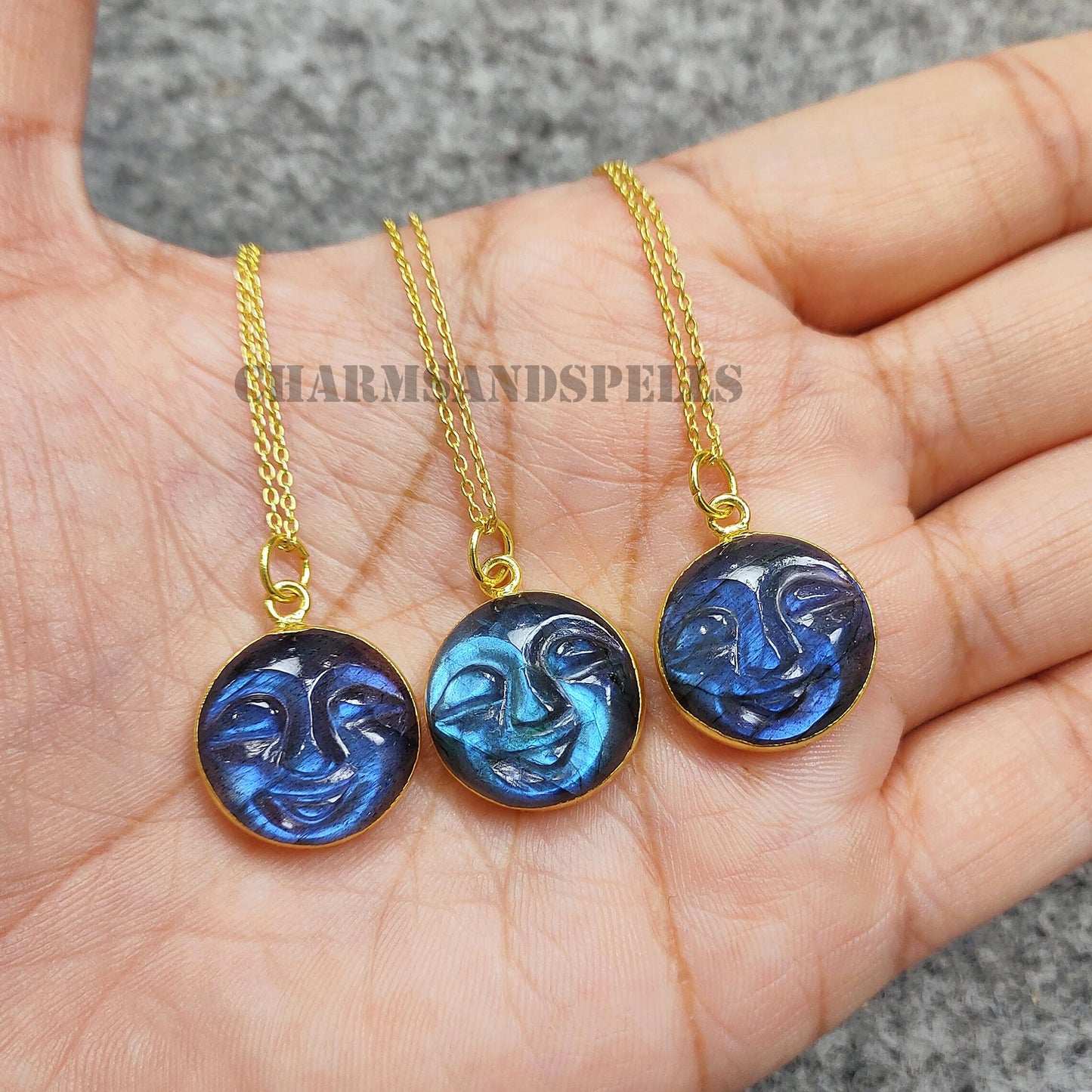Blue Flash Labradorite Moon Face Necklace, 14k Gold Plated Healing Pendant