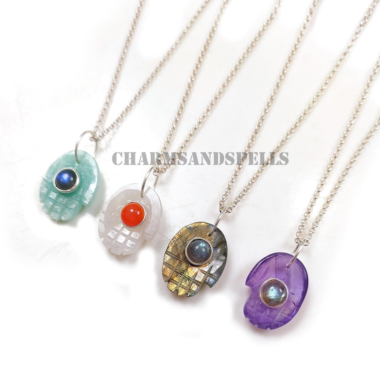 Gemstone Hamsa Hand Pendant in 925 Sterling Silver Gold Vermeil – Handcarved Spiritual Charm Jewelry with Amethyst & Labradorite, Amazonite & Labradorite, Moonstone & Carnelian, and Labradorite – Healing Crystal Protection Amulet Necklace Pendant – Boho Spiritual Jewelry Gift for Women and Men – Handmade Meaningful Jewelry, Great for Resellers, Crystal Lovers, and Spiritual Gifts